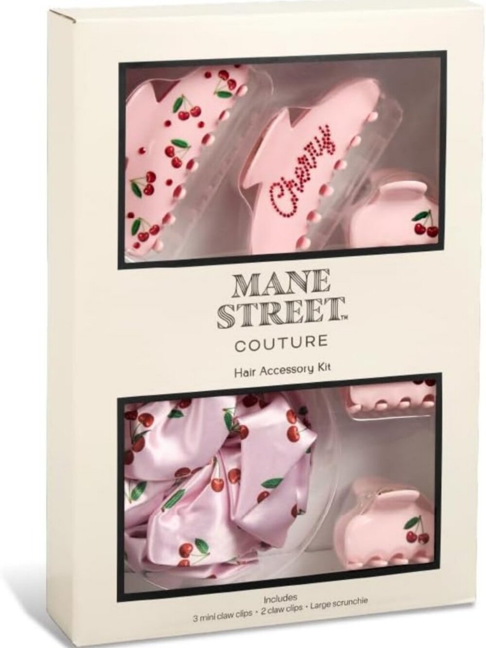 6-Piece Cherry Print Hair Clip & Scrunchie Set | Claw Clips, Satin Ties, No